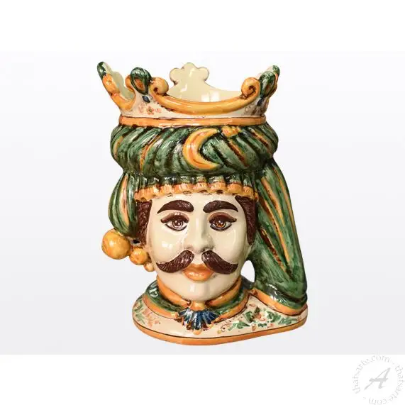 Green Orange Sicilian Moorish Man Head Handmade in Caltagirone 