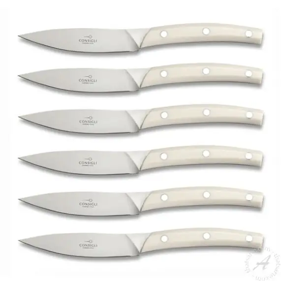 Set of 6 Steak Knives White Resin Handles Chianino Consigli 