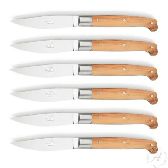 Set 6 Steak Knives Olive Wood Handles Pattada Consigli - thatsArte.com