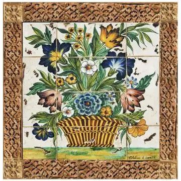 Deruta tile panel with a terracotta frame featuring a basket with flowers handmade by Antica Deruta - Italy