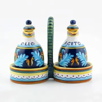 Italian oil and vinegar set from the Geometrico 38E Collection handmade by Eugenio Ricciarelli - Deruta, Rapallo, Amalfi