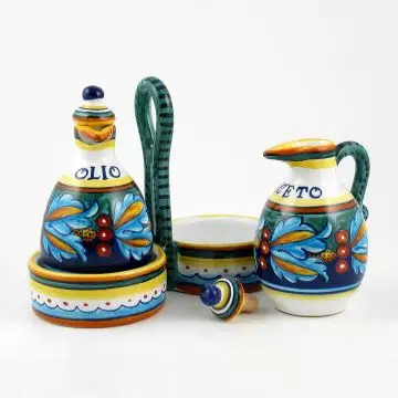 Italian oil and vinegar set from the Geometrico 39E Collection handmade by Eugenio Ricciarelli - Deruta, Rapallo, Amalfi