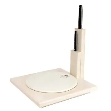 Dessert set featuring a wooden board with a ceramic tray, along with a knife and fork with black lucite handles. This set is specifically designed for the Italian Pandoro and Panettone by Berti of Italy.