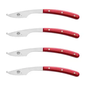 Set of 4 pizza knives with red handles from the Napoli collection. They are handcrafted by Coltellerie Berti in Scarperia, Italy