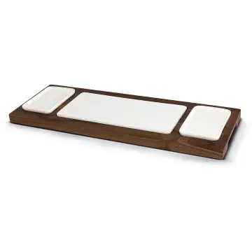 Wooden board with three ceramic trays by Coltellerie Berti in Scarperia, Italy