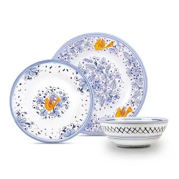 Handmade Italian 3-piece place setting Arabesco Celeste: dinner plate, salad & dessert plate, cereal bowl. Deruta, Italy