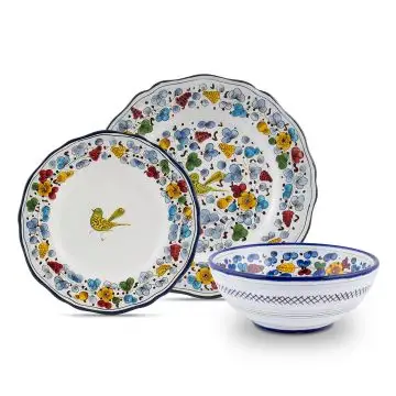 Handmade Italian 3-piece place setting Arabesco: dinner plate, salad & dessert plate, cereal bowl. Deruta, Italy