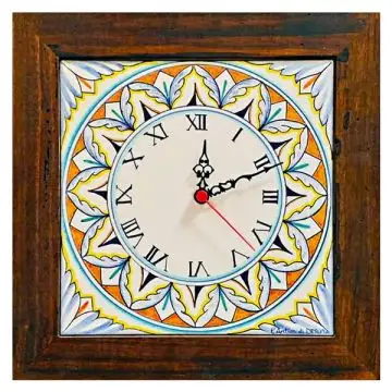 Deruta square wall clock 05 with a wooden frame from the Geometrico collection, handmade by Antica Deruta - Italy