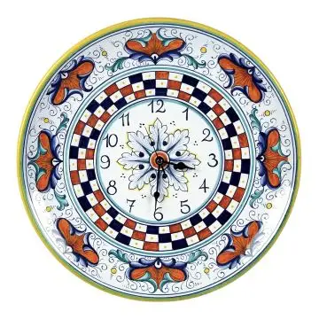 A round, handmade Italian ceramic wall clock by L'Antica Deruta featuring a geometrical design