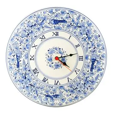 Round Italian ceramic wall clock handmade by L'Antica Deruta featuring the Arabesco design