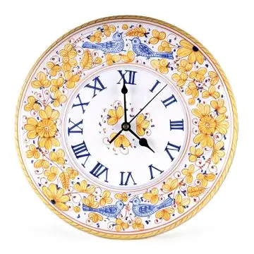 Round Italian ceramic wall clock handmade by L'Antica Deruta featuring the Arabesco Giallo design