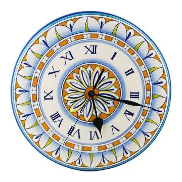 A round, handmade Italian ceramic wall clock by L'Antica Deruta featuring a geometrical design