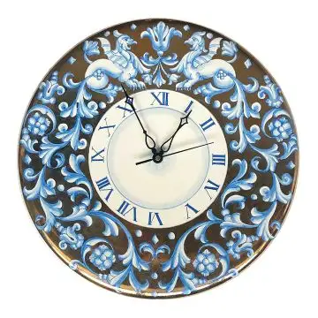 Handmade Italian ceramic wall clock featuring a rich traditional Deruta design in light blue and gold lustre