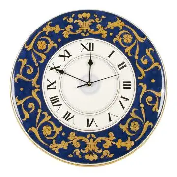 Handmade Italian ceramic wall clock featuring the famous Ricco Deruta design in blue and gold lustre