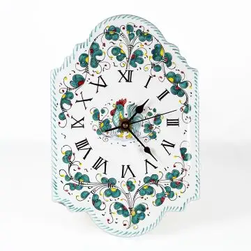 Handmade Italian ceramic wall clock featuring the famous Deruta rooster design in green