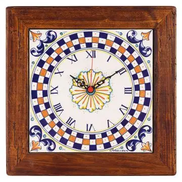 Deruta square wall clock 03 with a wooden frame from the Geometrico collection, handmade by Antica Deruta - Italy
