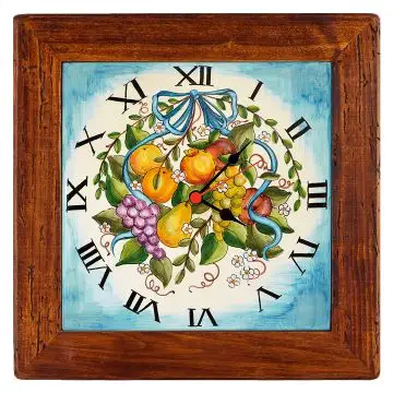 Deruta square wall clock 06 with a wooden frame from the Frutta collection, handmade by Antica Deruta - Italy