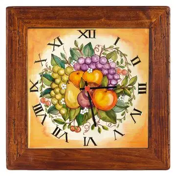 Deruta square wall clock 07 with an off-white wooden frame from the Frutta collection, handmade by Antica Deruta - Italy