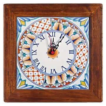 Deruta square wall clock 08 with a light blue wooden frame from the Geometrico collection, handmade by Antica Deruta - Italy