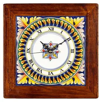 Deruta square wall clock with a light blue wooden frame from the Geometrico collection, handmade by Antica Deruta - Italy