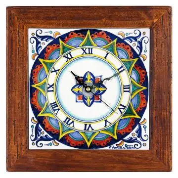 Deruta square wall clock with a light green wooden frame from the Geometrico collection, handmade by Antica Deruta - Italy