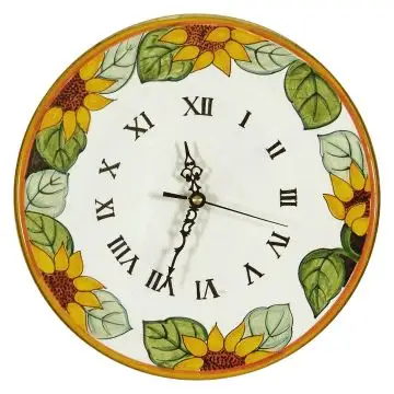Round Italian ceramic wall clock handmade by L'Antica Deruta featuring sunflowers