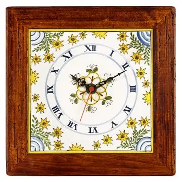 Deruta square wall clock with a light green wooden frame from the Sun collection, handmade by Antica Deruta - Italy