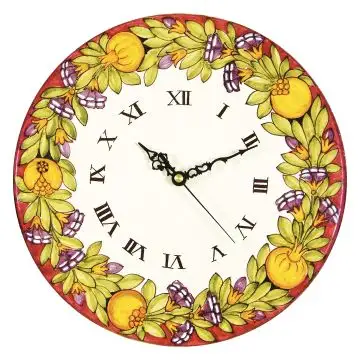 Round Italian ceramic wall clock handmade by L'Antica Deruta featuring pomegranates