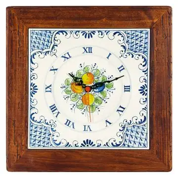 Deruta square wall clock with an off-white wooden frame from the Frutta Blu collection, handmade by Antica Deruta - Italy