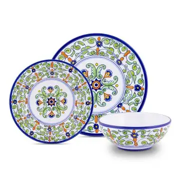 Handmade Italian 3-piece place setting Amelia: dinner plate, salad & dessert plate, cereal bowl. Deruta, Italy