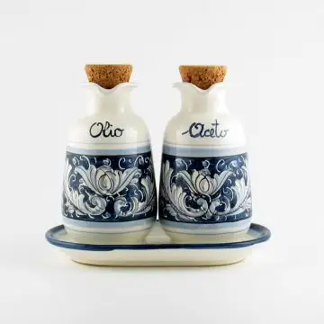 Italian oil and vinegar set with tray from the Rinascimento Blu e Bianco collection handmade by Ceramiche Rampini in Gubbio, Italy