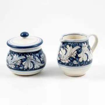 Italian creamer & sugar set from the Rinascimento Blu e Bianco collection handmade by Ceramiche Rampini in Gubbio, Italy