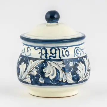 Italian garlic jar from the Rinascimento Blu e Bianco collection handmade by Ceramiche Rampini in Gubbio, Italy