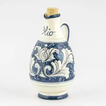 Italian oil bottle from the Rinascimento Blu e Bianco collection handmade by Ceramiche Rampini in Gubbio, Italy