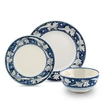 Handmade Italian 3-piece place setting Rinascimento Blu e Bianco: dinner plate, salad & dessert plate, cereal bowl. Gubbio, Italy