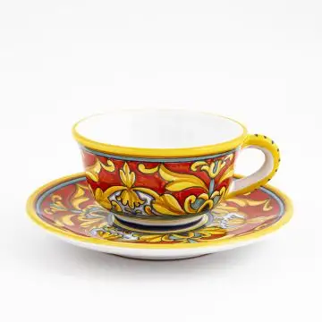Broccato Rosso Italian tea cup and saucer handmade by Fima in Deruta