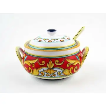 Broccato Rosso Italian sugar bowl handmade by Fima in Deruta