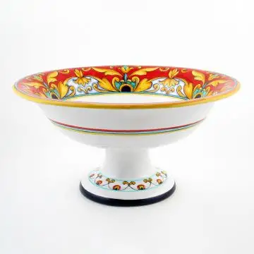 Broccato Rosso Italian footed fruit bowl handmade by Fima in Deruta