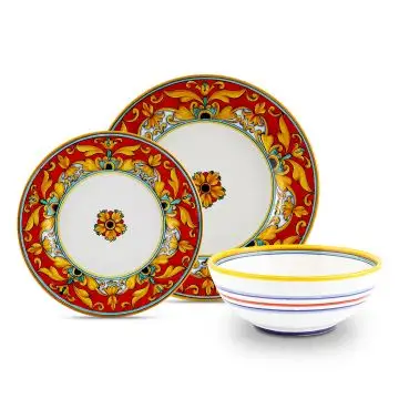 Handmade Italian 3-piece place setting Broccato Rosso: dinner plate, salad & dessert plate, cereal bowl. Deruta, Italy