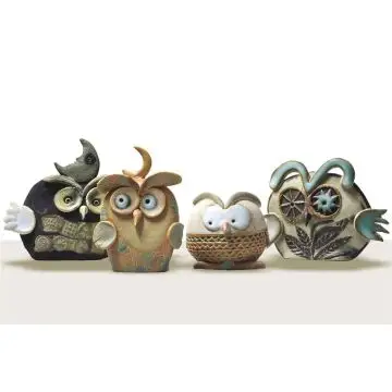 Set of four clay whistle figurines featuring owls created by Maestro Riccardo Biavati in Ferrara, Italy 