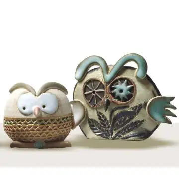 Set of two clay whistle figurines featuring owls created by Maestro Riccardo Biavati in Ferrara, Italy 