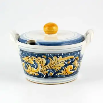 Italian cheese jar from the Rinascimento Blu e Giallo collection handmade by Ceramiche Rampini in Gubbio, Italy