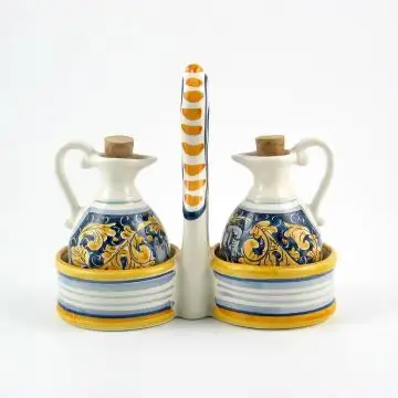 Italian oil and vinegar set from the Rinascimento Blu e Giallo collection handmade by Ceramiche Rampini in Gubbio, Italy