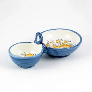 Italian double olive bowl from the Rinascimento Blu e Giallo collection handmade by Ceramiche Rampini in Gubbio, Italy