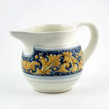 Italian pitcher vasella from the Rinascimento Blu e Giallo collection handmade by Ceramiche Rampini in Gubbio, Italy