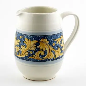 Italian pitcher botticella from the Rinascimento Blu e Giallo collection handmade by Ceramiche Rampini in Gubbio, Italy