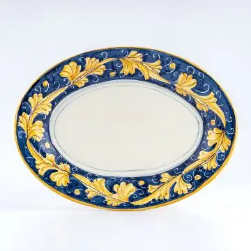 Italian oval platter from the Rinascimento Blu e Giallo collection handmade by Ceramiche Rampini in Gubbio, Italy