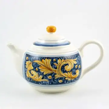 Italian teapot from the Rinascimento Blu e Giallo collection handmade by Ceramiche Rampini in Gubbio, Italy