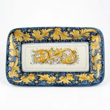 Italian rectangular tray from the Rinascimento Blu e Giallo collection handmade by Ceramiche Rampini in Gubbio, Italy