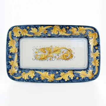 Italian rectangular tray from the Rinascimento Blu e Giallo collection handmade by Ceramiche Rampini in Gubbio, Italy